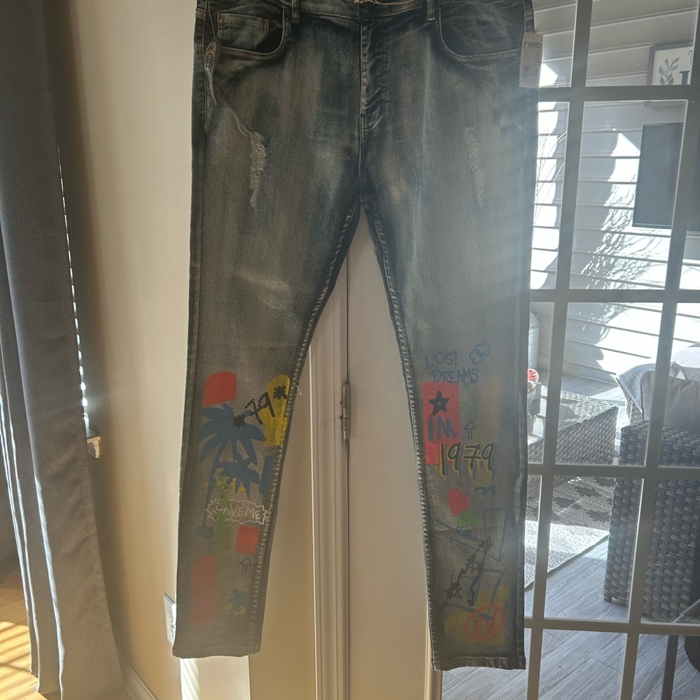FWRD Denim Acid Wash Men’s Jeans Graffiti Streetwear 38 x 34 NWT